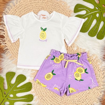 Conj. Blusão com Manga Curta Flare e Short Maracujá - Off White e Lilás